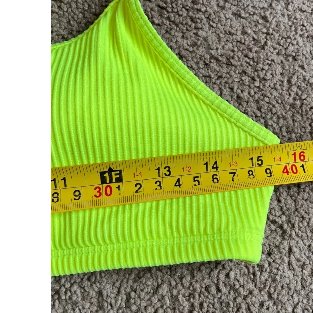Halara Womens Neon Lime Green Ribbed Scoop Neck Bikini Top Size Large Adjustable